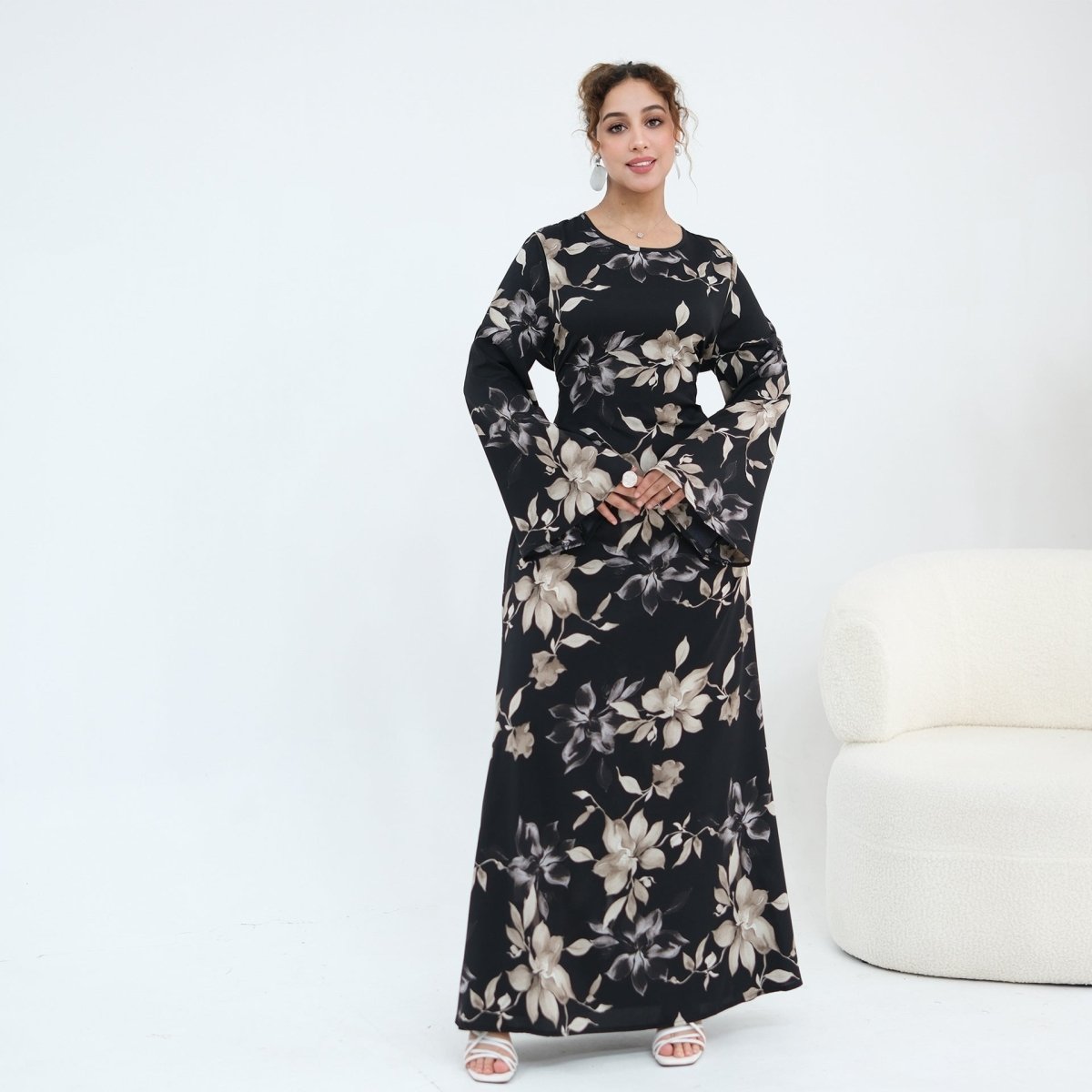 Ink Floral Satin Maxi Dress(MA434)