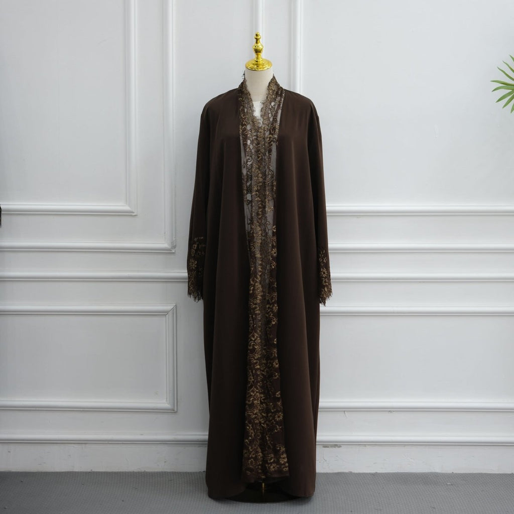 Lace-Panel Flared-Sleeve Open Abaya with Pockets(MOA332)
