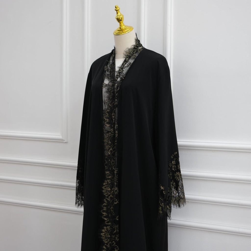 Lace-Panel Flared-Sleeve Open Abaya with Pockets(MOA332)