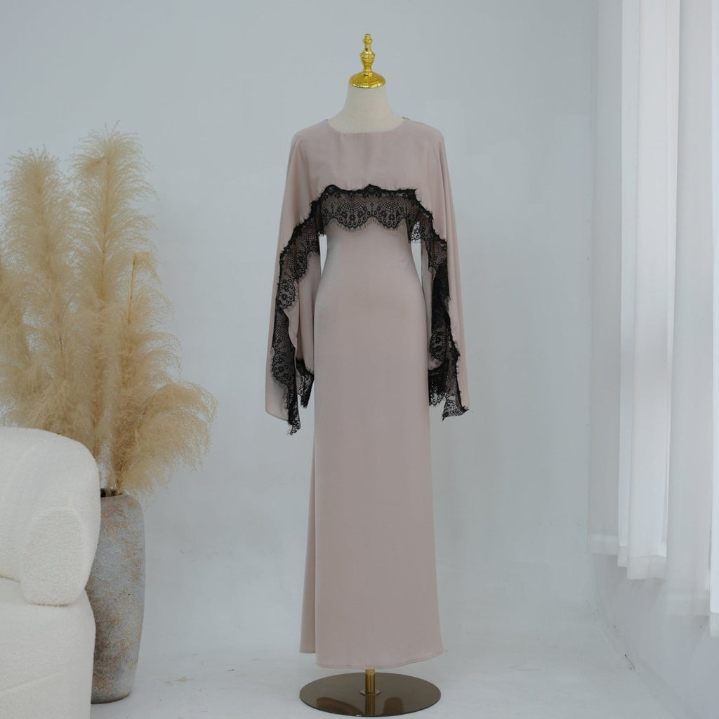 Lace Splice Satin Maxi Dress with Fixed Cape(MS438)