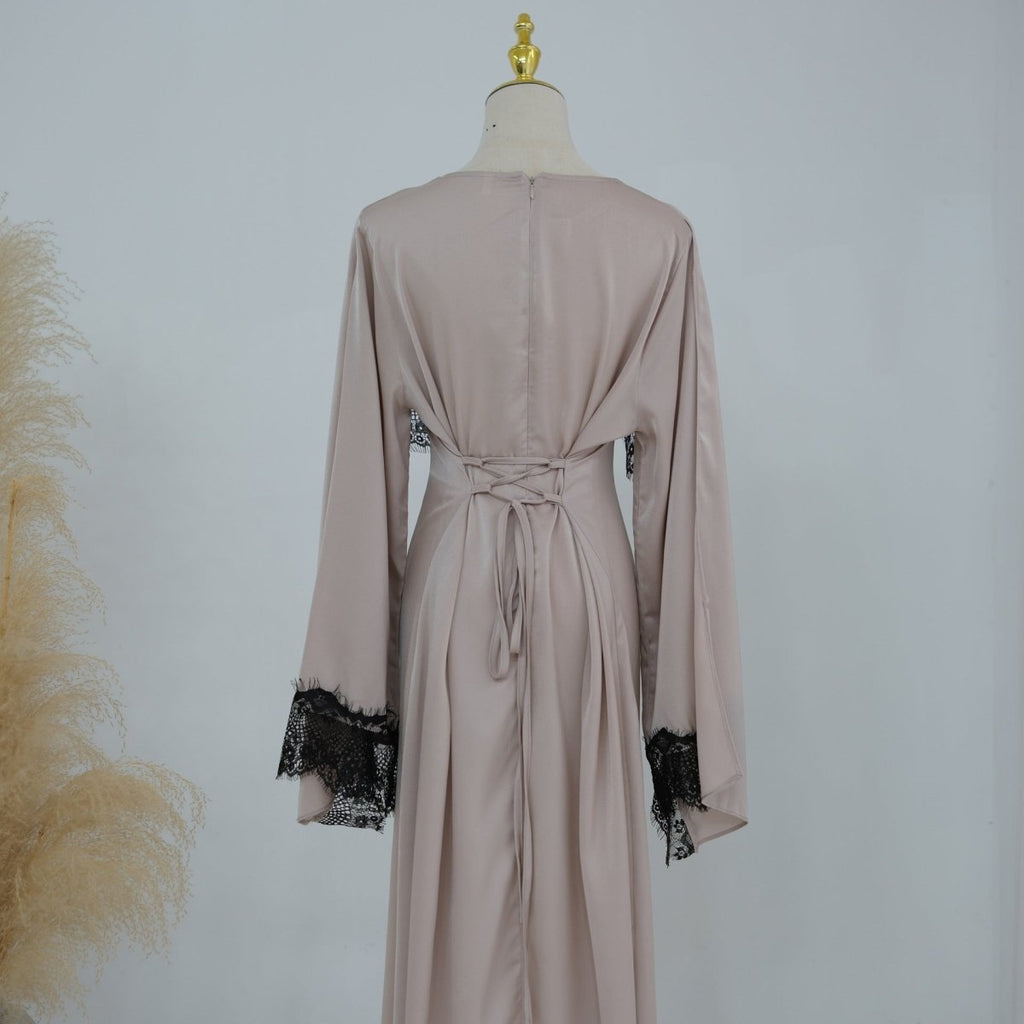 Lace Splice Satin Maxi Dress with Fixed Cape(MS438)