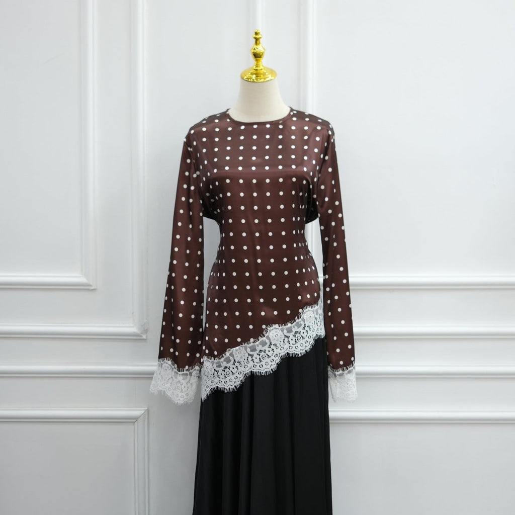 Lace Trim Contrast Panel Satin Top(MS407)