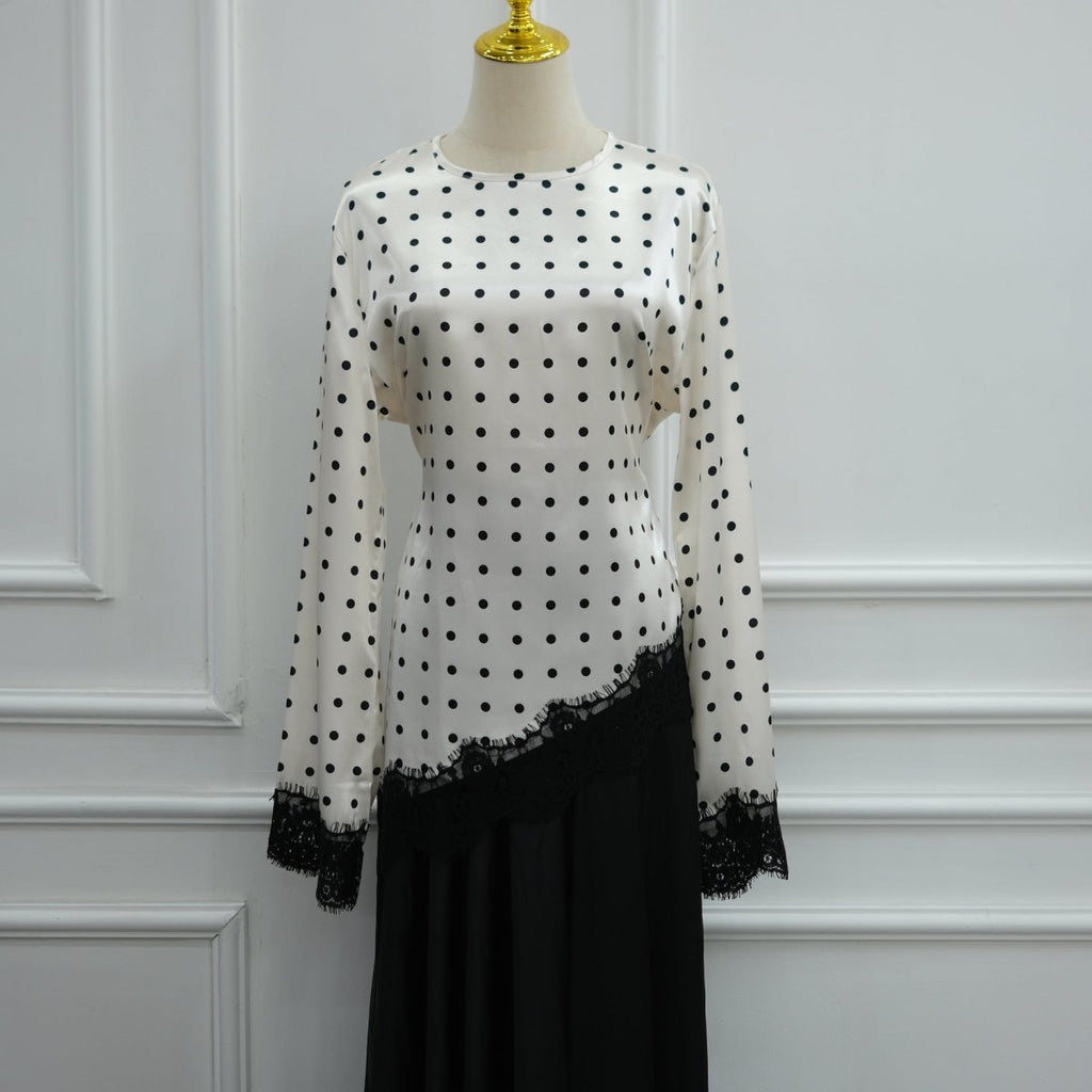 Lace Trim Contrast Panel Satin Top(MS407)