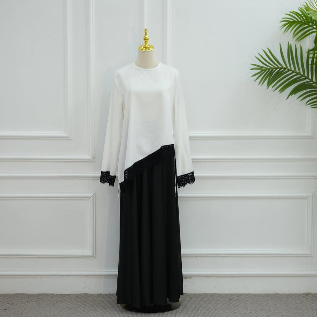 Lace Trim Contrast Panel Satin Top(MS407)