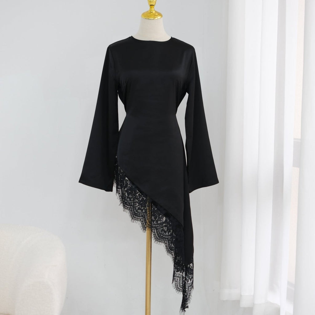 Lace Trim Contrast Panel Satin Top(MS408)