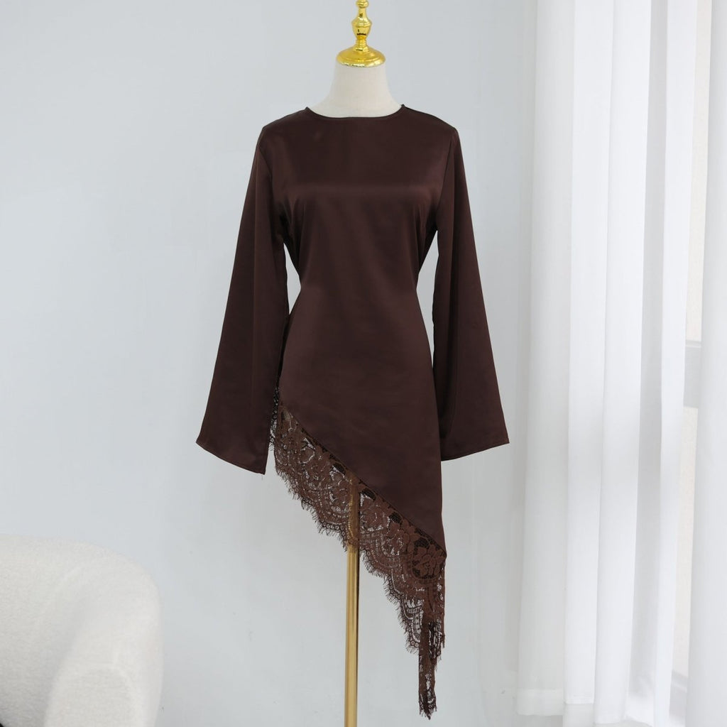 Lace Trim Contrast Panel Satin Top(MS408)
