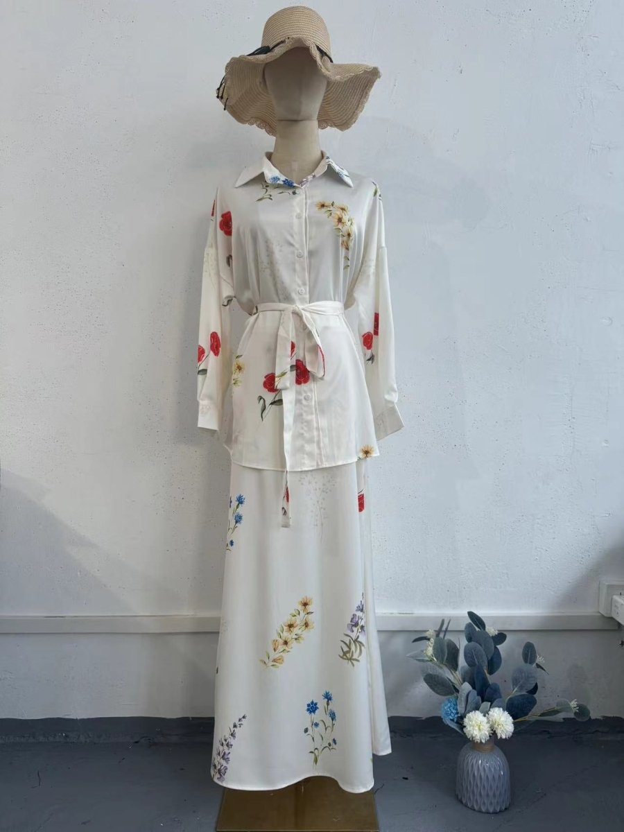 Lace-Up Thin Fashion Flower Print Dress Set(MS082)