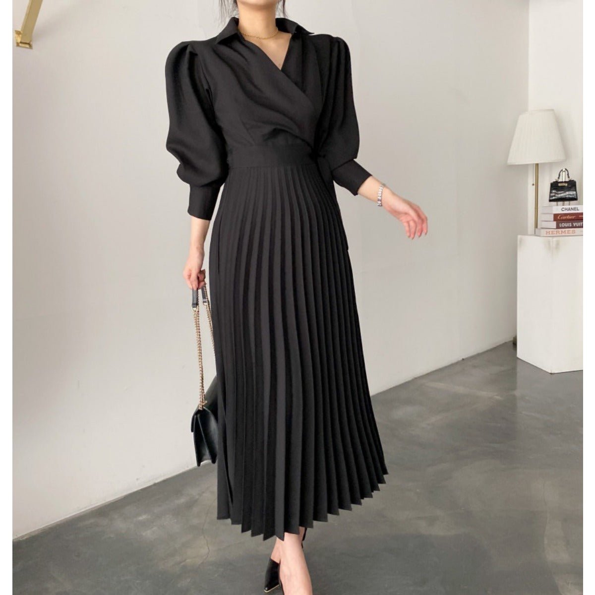 Lapel Bow Tie Waist Dress | Skinny Bubble Sleeve Pleated Midi Dress (MA240)