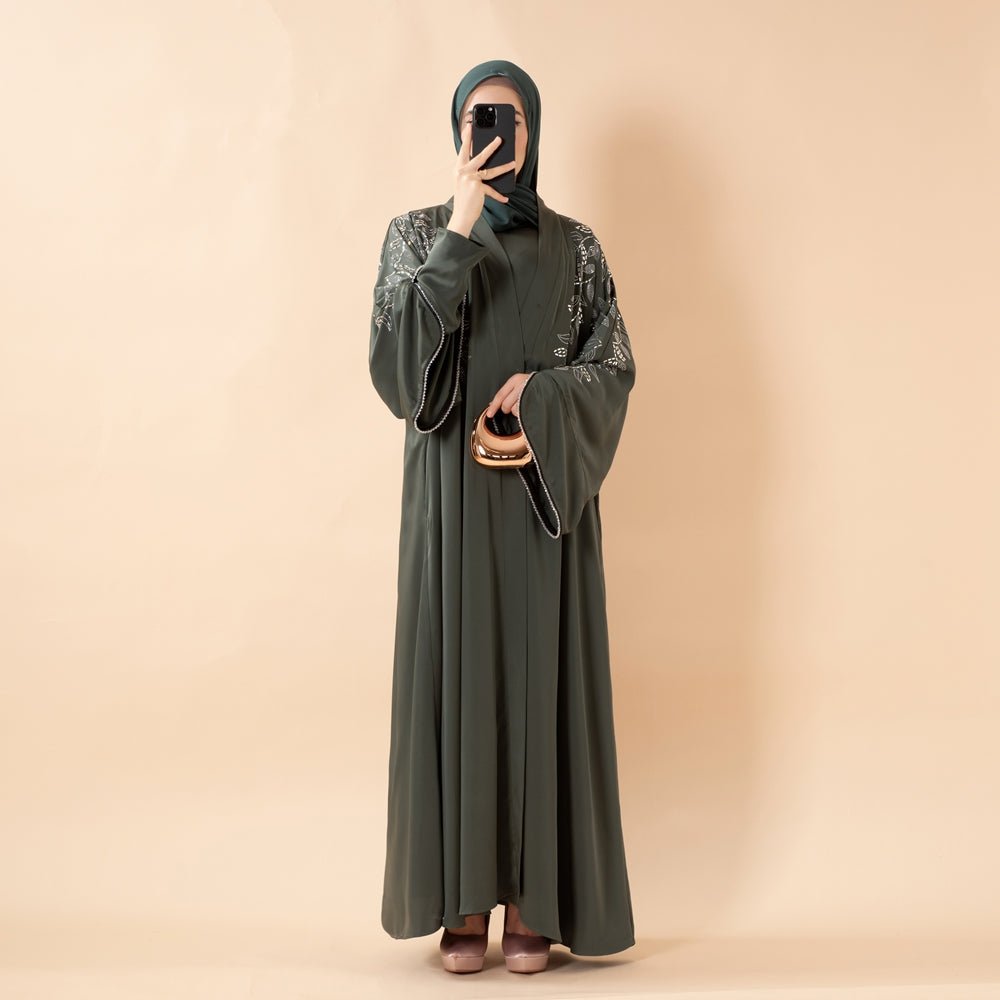 Leaf Embellishment Satin 3-Piece Abaya Set for Eid (MOA244)