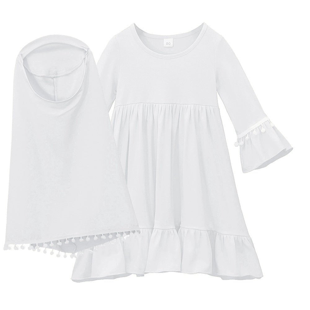 Little Muslimah Girls Dress & Hijab Set with Pom-Pom Trim (MKG028)