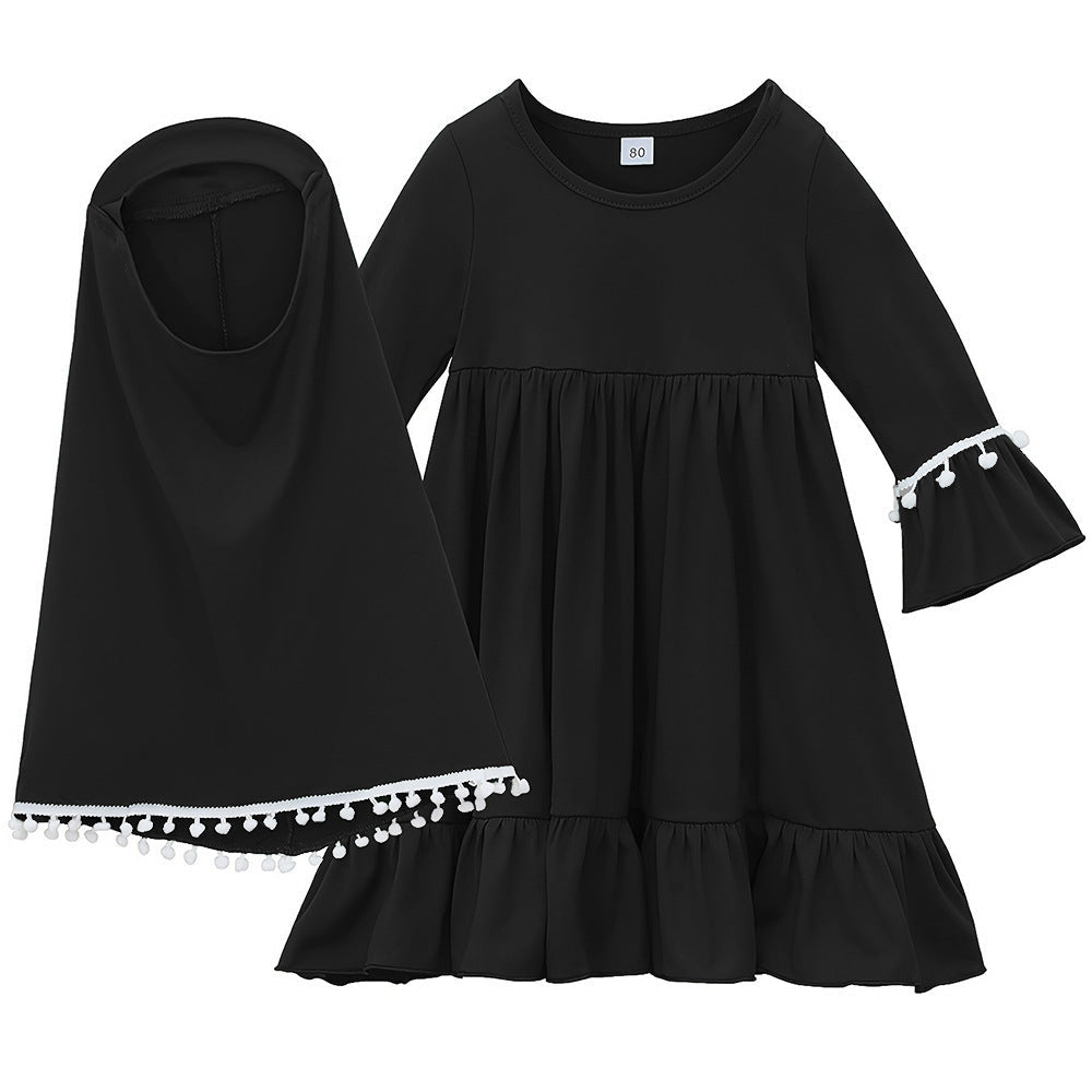 Little Muslimah Girls Dress & Hijab Set with Pom-Pom Trim (MKG028)