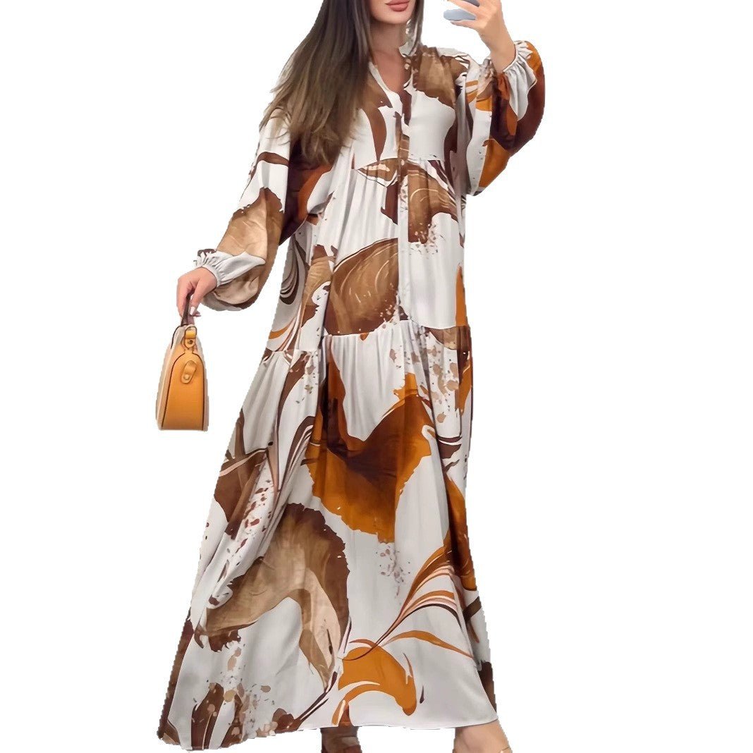 Loose Fit V-Neck Long Sleeve Dress Abaya(MA377)