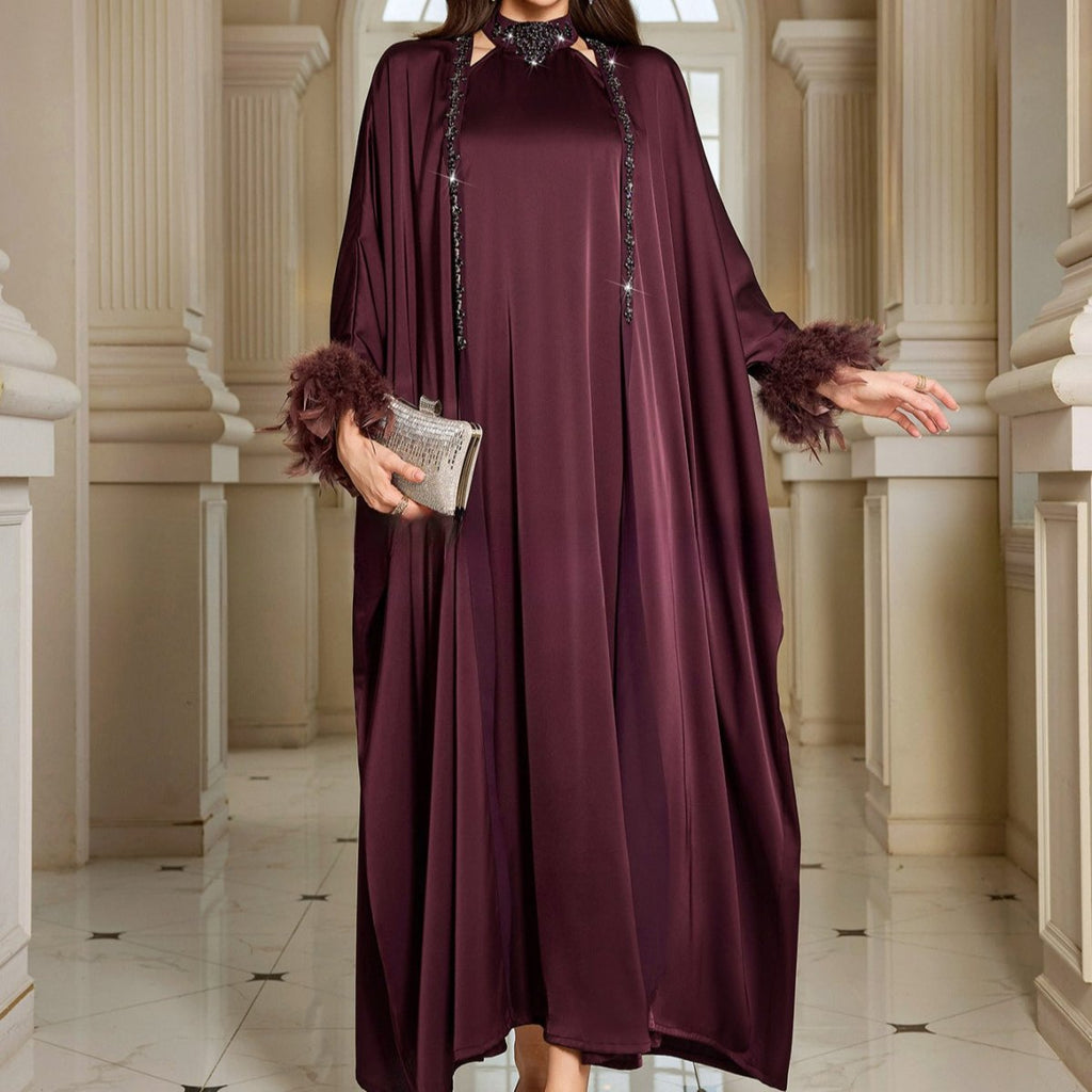 Luxe Satin Halter Dress & Feather Trim Cape Set(MOA250)