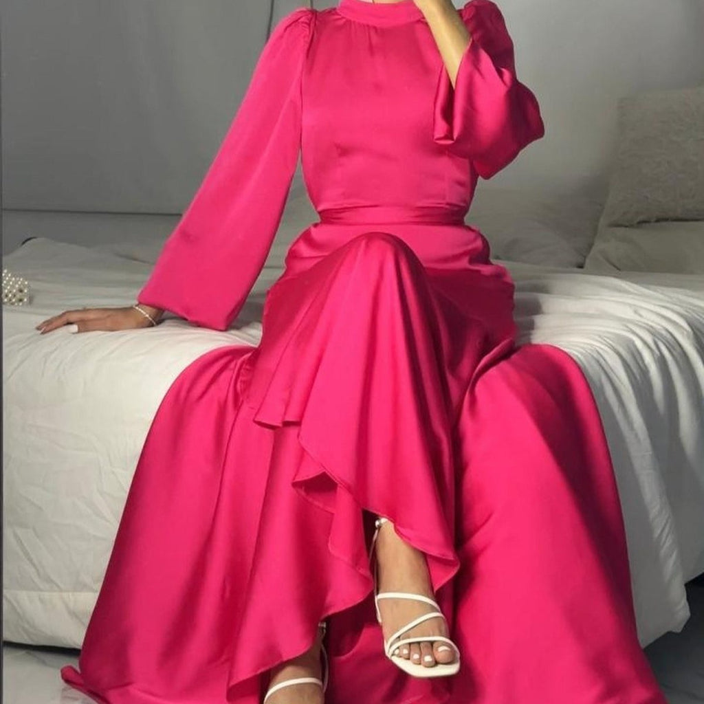 Luxe Satin Ruffle Hem Maxi Dress | Elastic Cuff Belted Abaya (MS187)