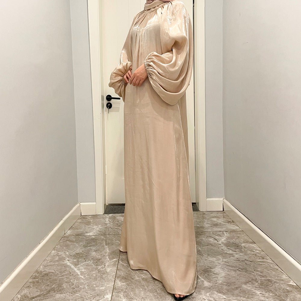 Luxurious Shimmer Abaya with Lantern Sleeves | Stand Collar Back Tie Maxi Dress(MA324)