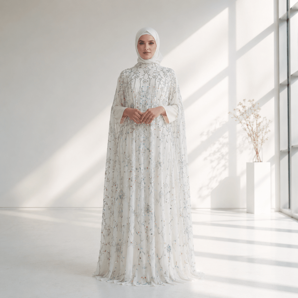 Luxury Crystal Embellished Cape Abaya Set with Inner Dress (MA390)
