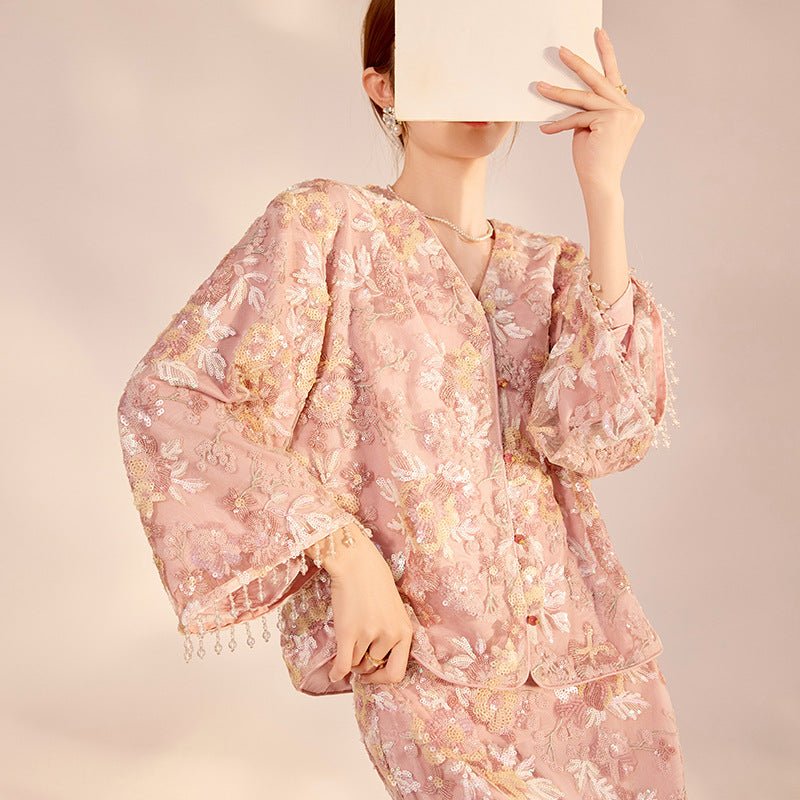 Luxury Embroidered Floral Jacket & Skirt Set(MS307)