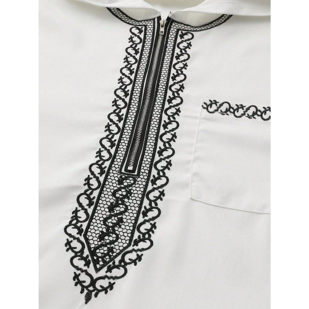 Luxury Loose Fit Hooded Premium Embroidered Men's Thobe Robe with Zipper & Islamic Calligraphy Design (MT024)
