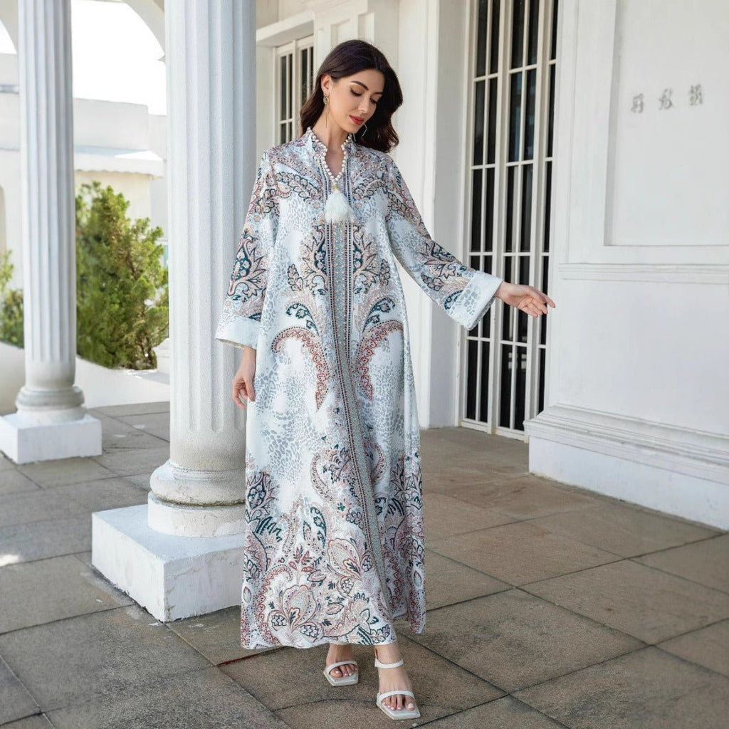Luxury Pearl-Embellished Floral Beaded Muslim Robe Abaya with Bell Sleeves & Tassel Details (MA229)