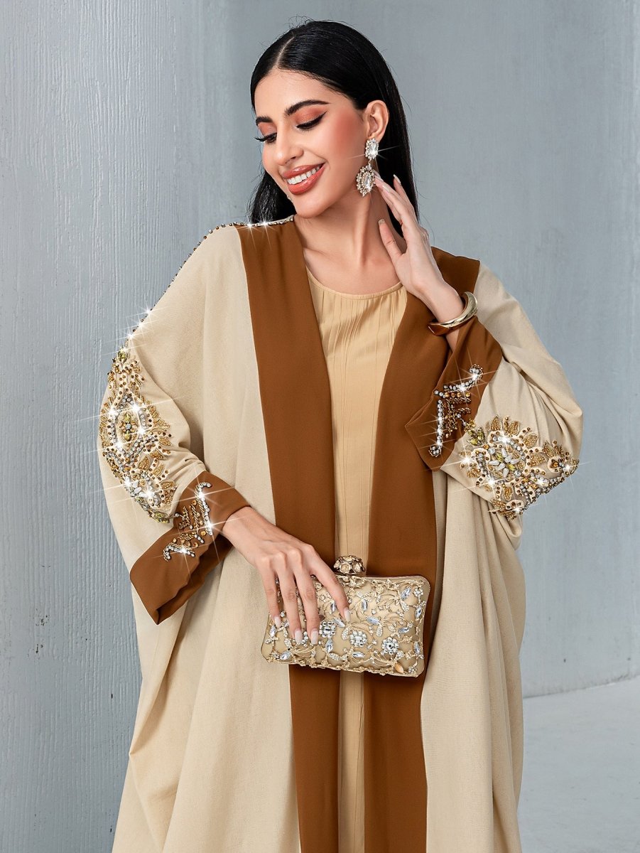 Luxury Rust Bead Muslim Wedding & Party Khaki Gold Embroidered Contrast Jacket Abaya(MOA158)