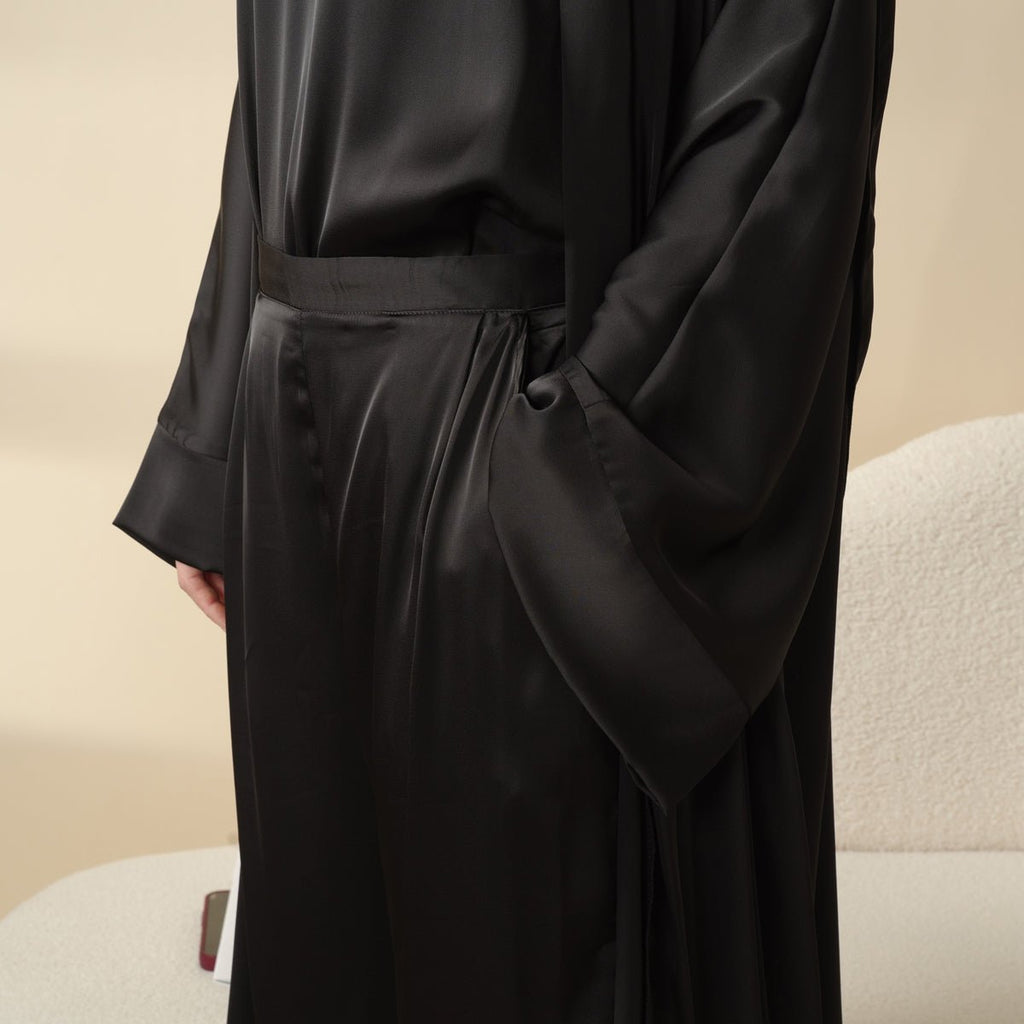Luxury Satin Modest Abaya Set 4-Piece – Elegant Open Abaya, Top, Pants & Matching Hijab(MOA034)