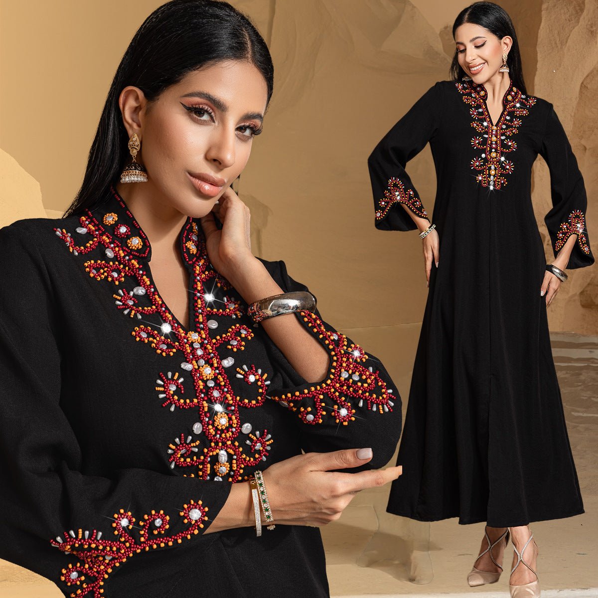 Luxury V-Neck Black & Gold Rice Bead Embroidered  Party & Wedding Abaya (MA187)