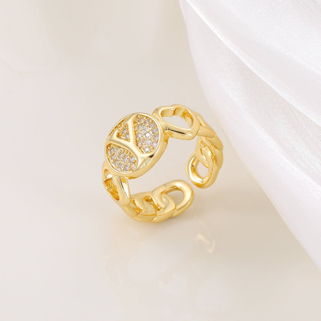 MAC186 Copper Set With Zircon 18K Real Gold Love Glossy Letter Ring