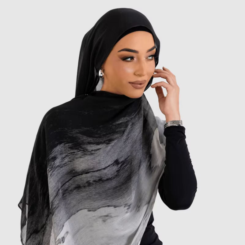Marble Print Chiffon Hijab | Black & White Tie-Dye(MH227)