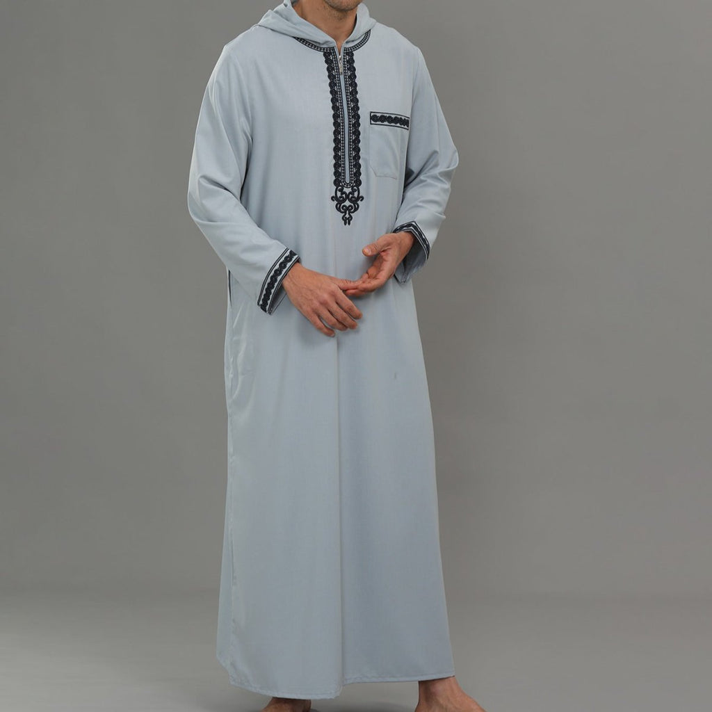 Men's Hooded Embroidered Thobe with Pockets (MT037)