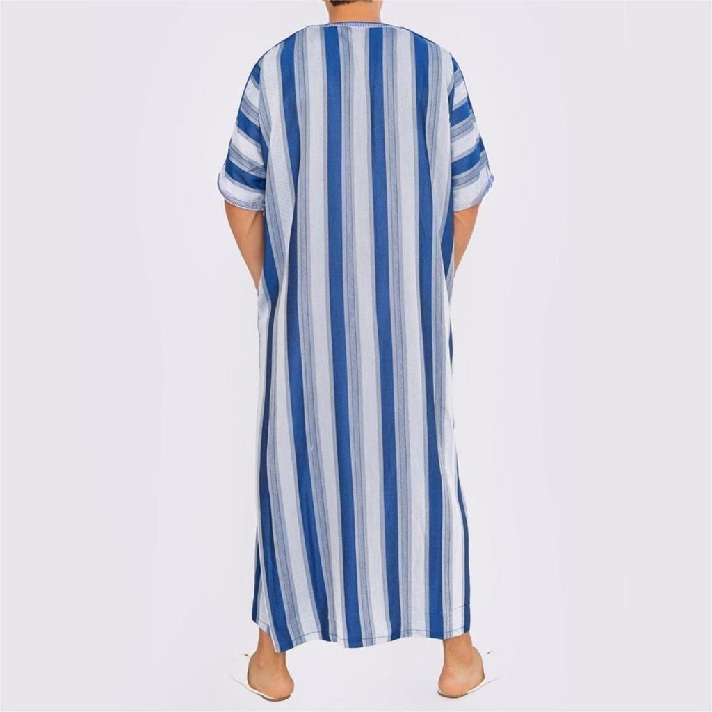 Men's Short Sleeve Breathable Blue & White Striped Thobe Long Robe with V-Neck & Modest Fit (MT031)