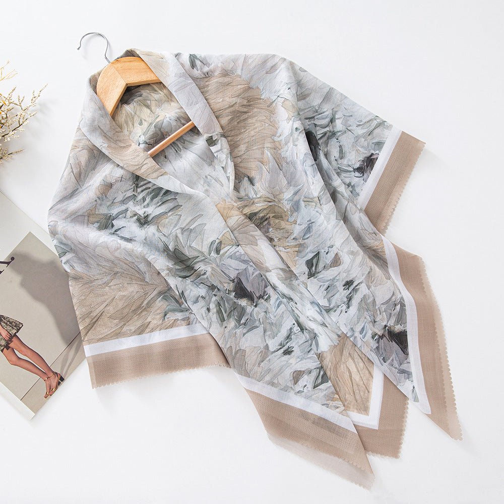 MH072 Square Floral Print Wavy Cut-off Voile Hijab