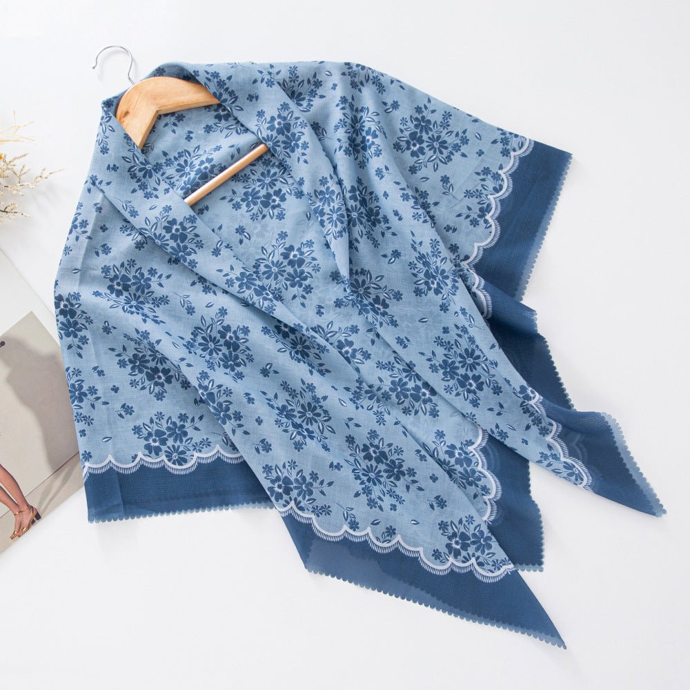 MH072 Square Floral Print Wavy Cut-off Voile Hijab