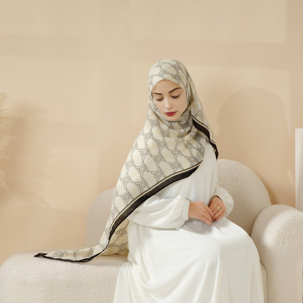 MH095 Printed Colorblock Geometric and Natural Floral Pattern Cotton and Linen Blend Shawl