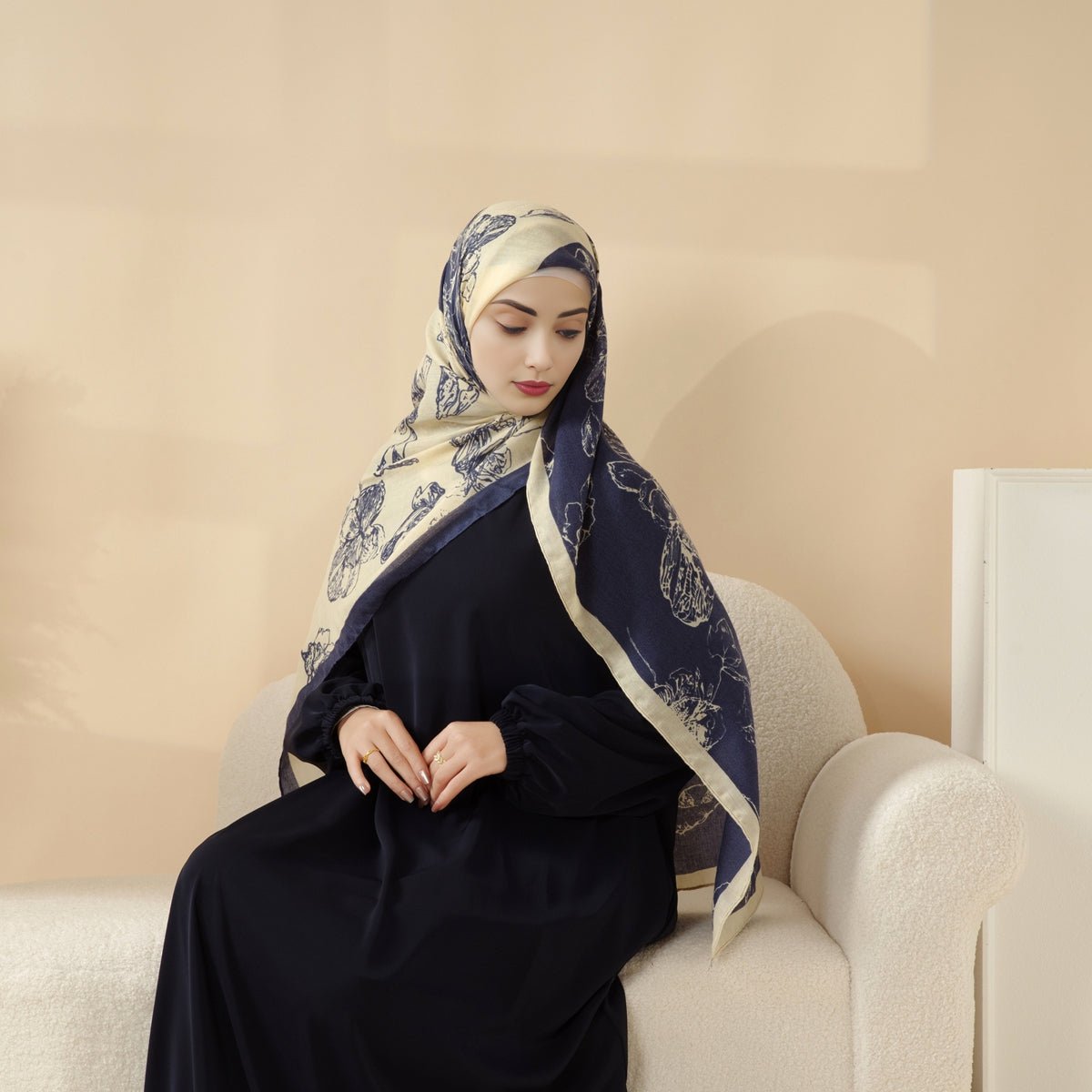 MH095 Printed Colorblock Geometric and Natural Floral Pattern Cotton and Linen Blend Shawl