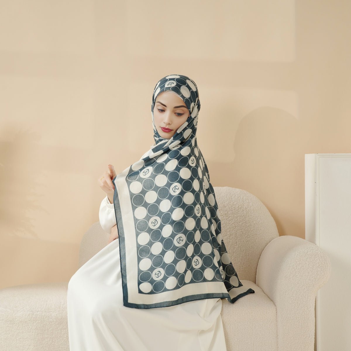 MH095 Printed Colorblock Geometric and Natural Floral Pattern Cotton and Linen Blend Shawl