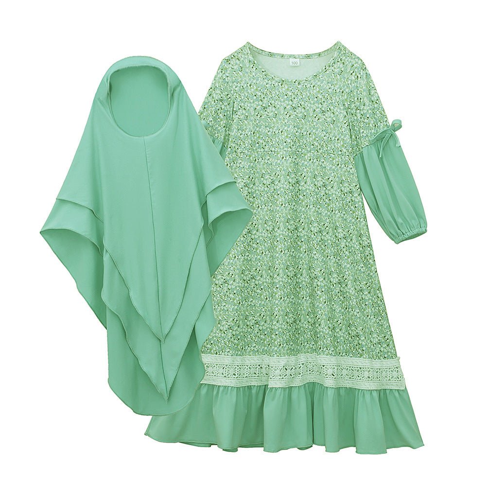 Girls Patchwork Floral Kid Abaya 2-Piece Set(MKG012)