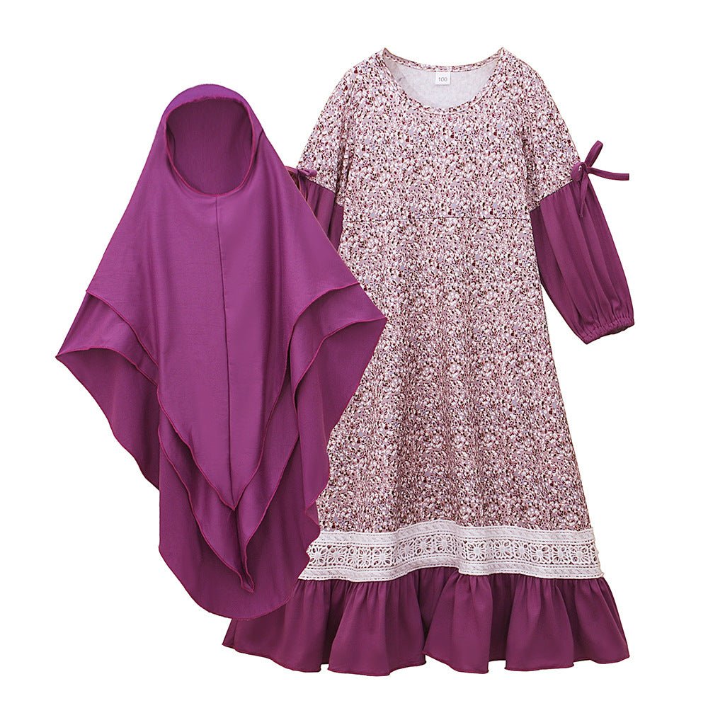 Girls Patchwork Floral Kid Abaya 2-Piece Set(MKG012)