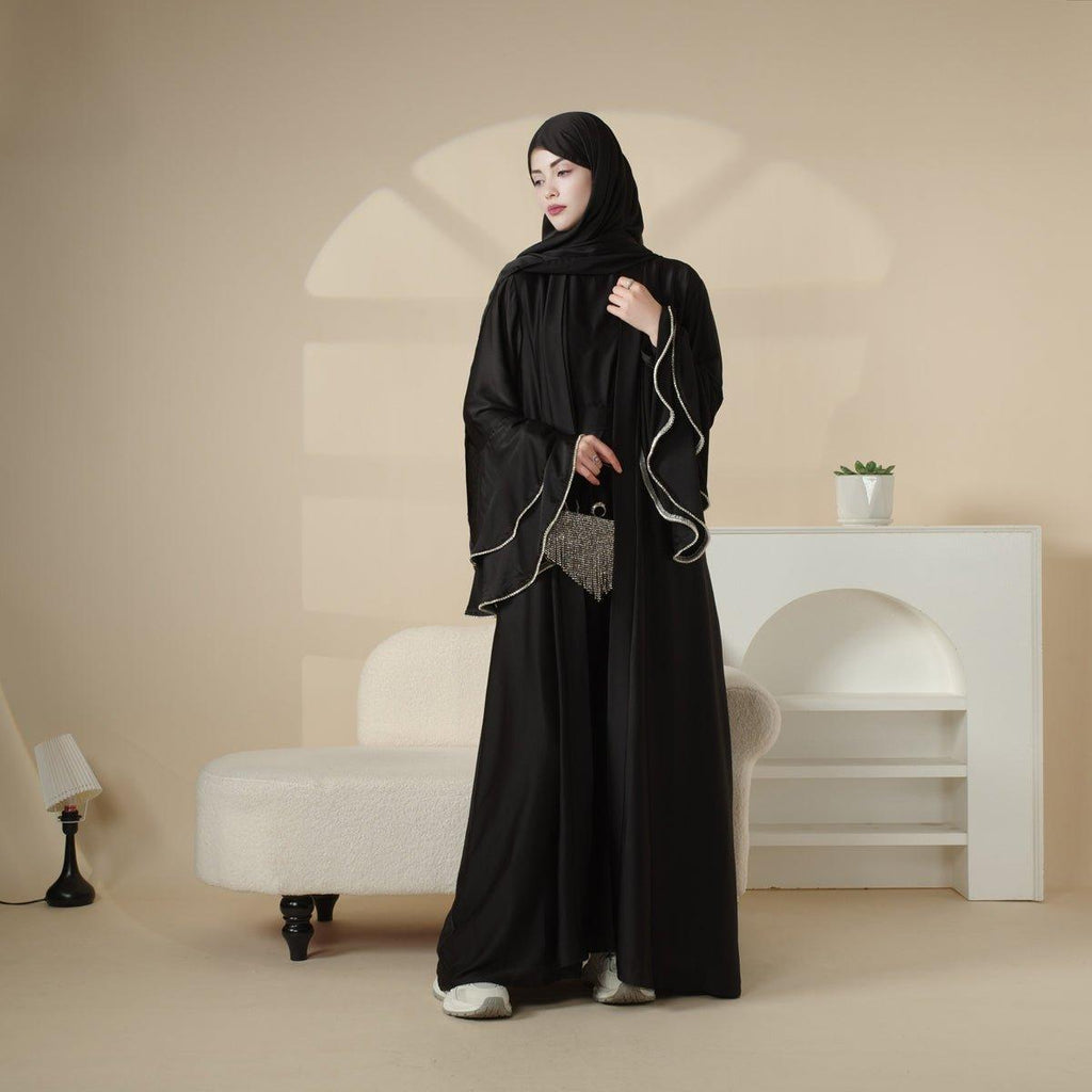 Crepe Satin Ruffle Sleeve Abaya, 5-Piece Set (MOA033)