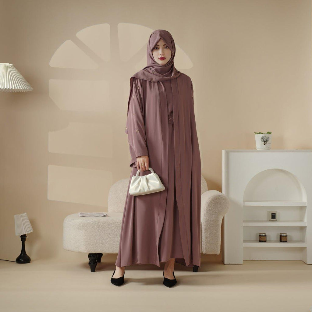 Tulip Embroidery Open Abaya 4-Piece Set (MOA051)
