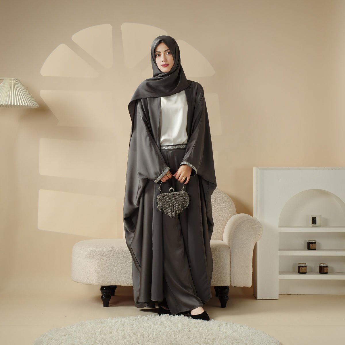 Abaya With Satin Shirt And Rhinestone Trousers | 4-Piece Set Abaya (MOA060)