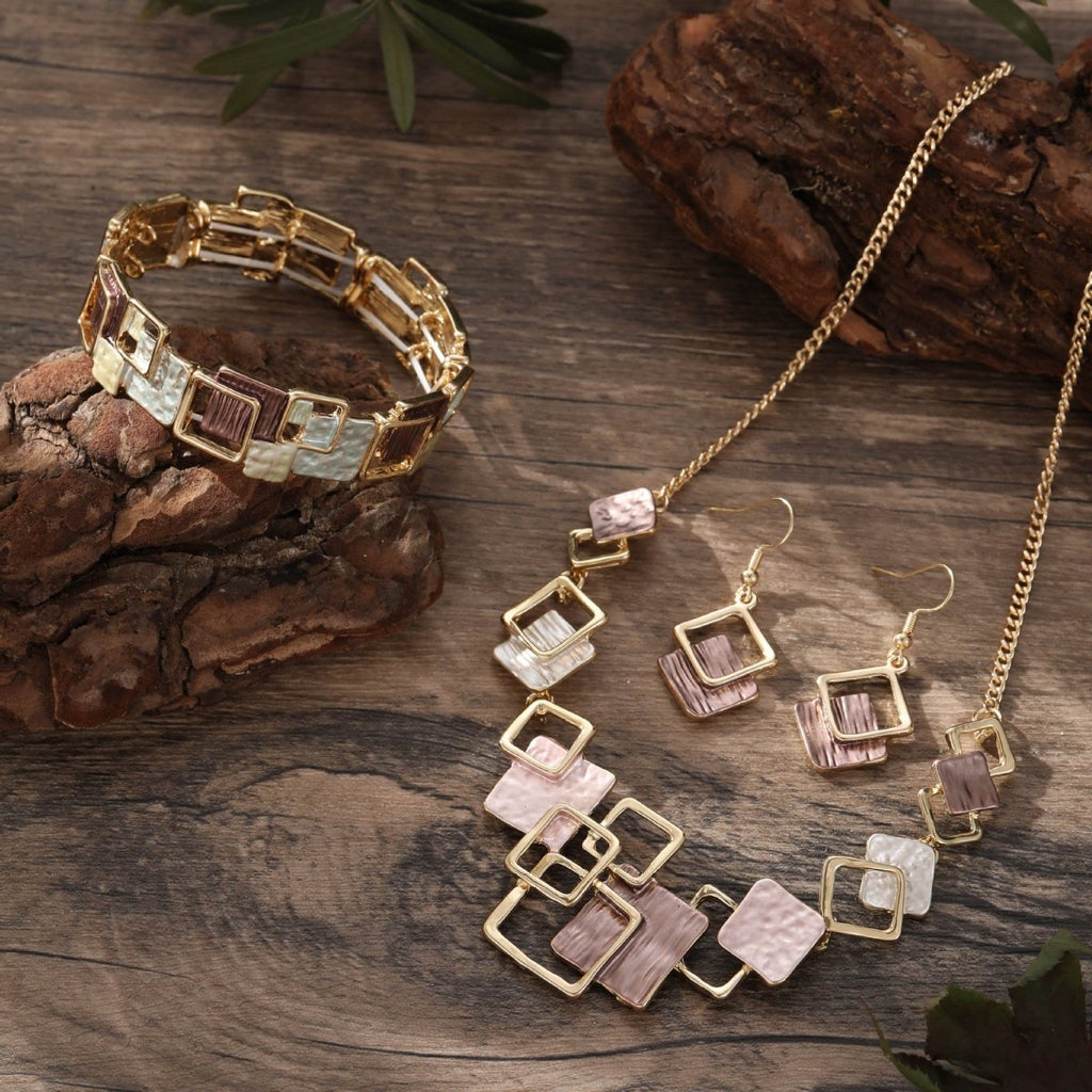 Modernist Geometric Square Earrings Bracelet Necklace Set (MAC318)
