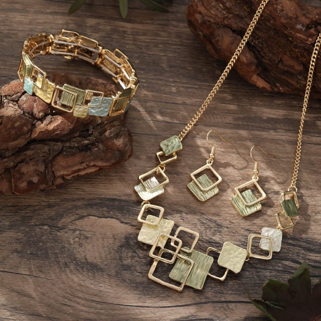 Modernist Geometric Square Earrings Bracelet Necklace Set (MAC318)