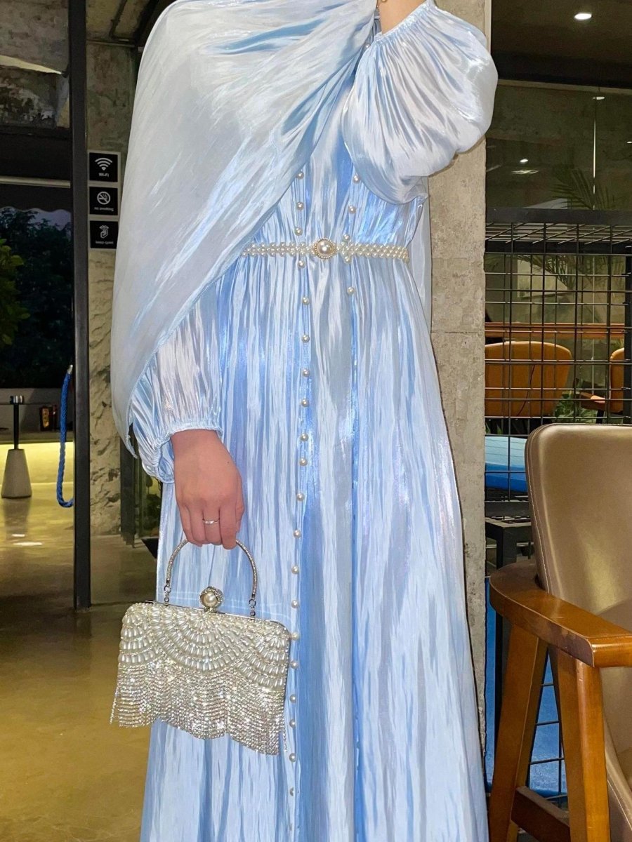 Modest Luxe Pearl-Embellished Streamer Evening Abaya Dress (MOA149)