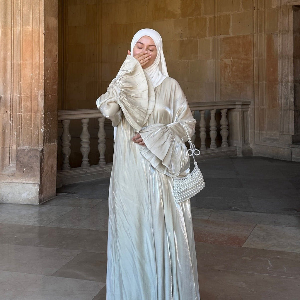 Modest Luxury Moonlight Glow Abaya Set | Cream White Two-Piece with Bell Sleeves (MOA189)