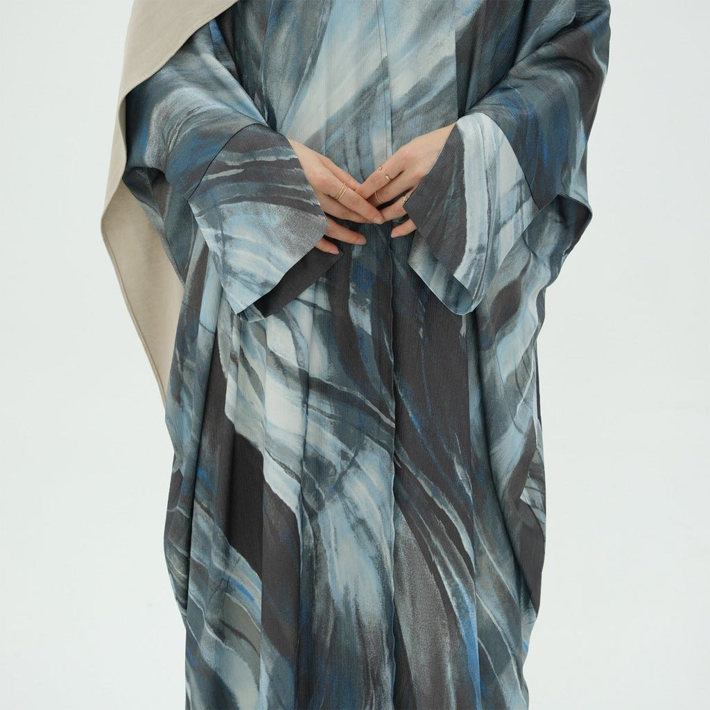 Modest Luxury Watercolor Print Cardigan Abaya | Blue-Grey Abstract Art Robe with Flowing Silhouette (MOA172)