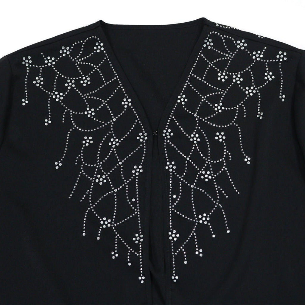 Modest Muslim Loose Fit Black Diamond Embellished V-Neck Abaya Dress(MOA208)