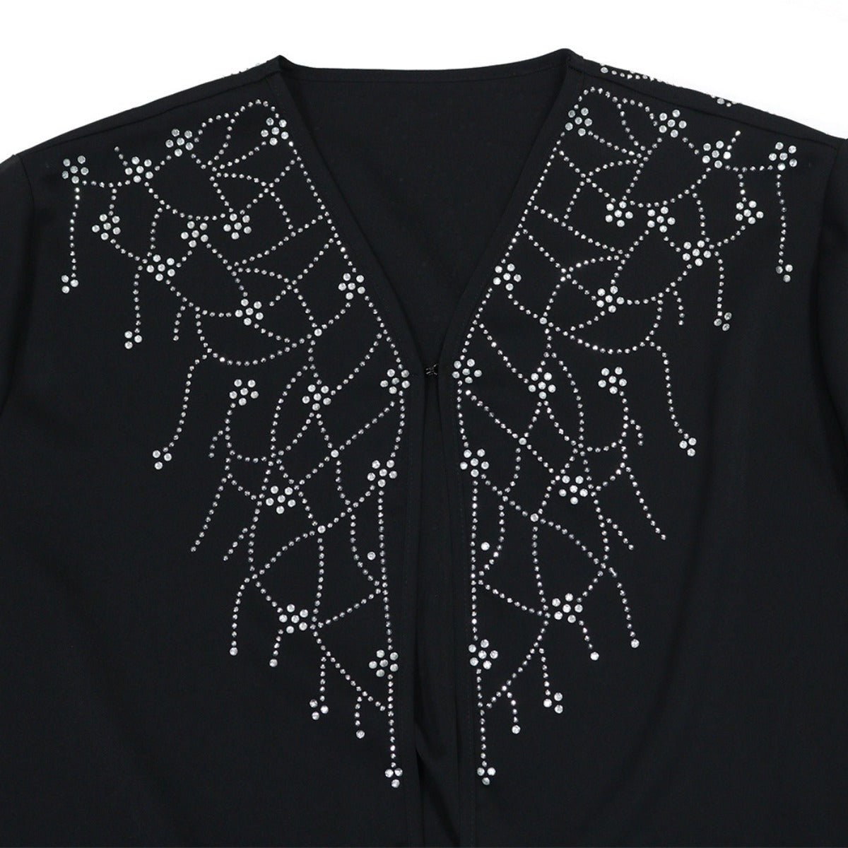 Modest Muslim Loose Fit Black Diamond Embellished V-Neck Abaya Dress(MOA208)