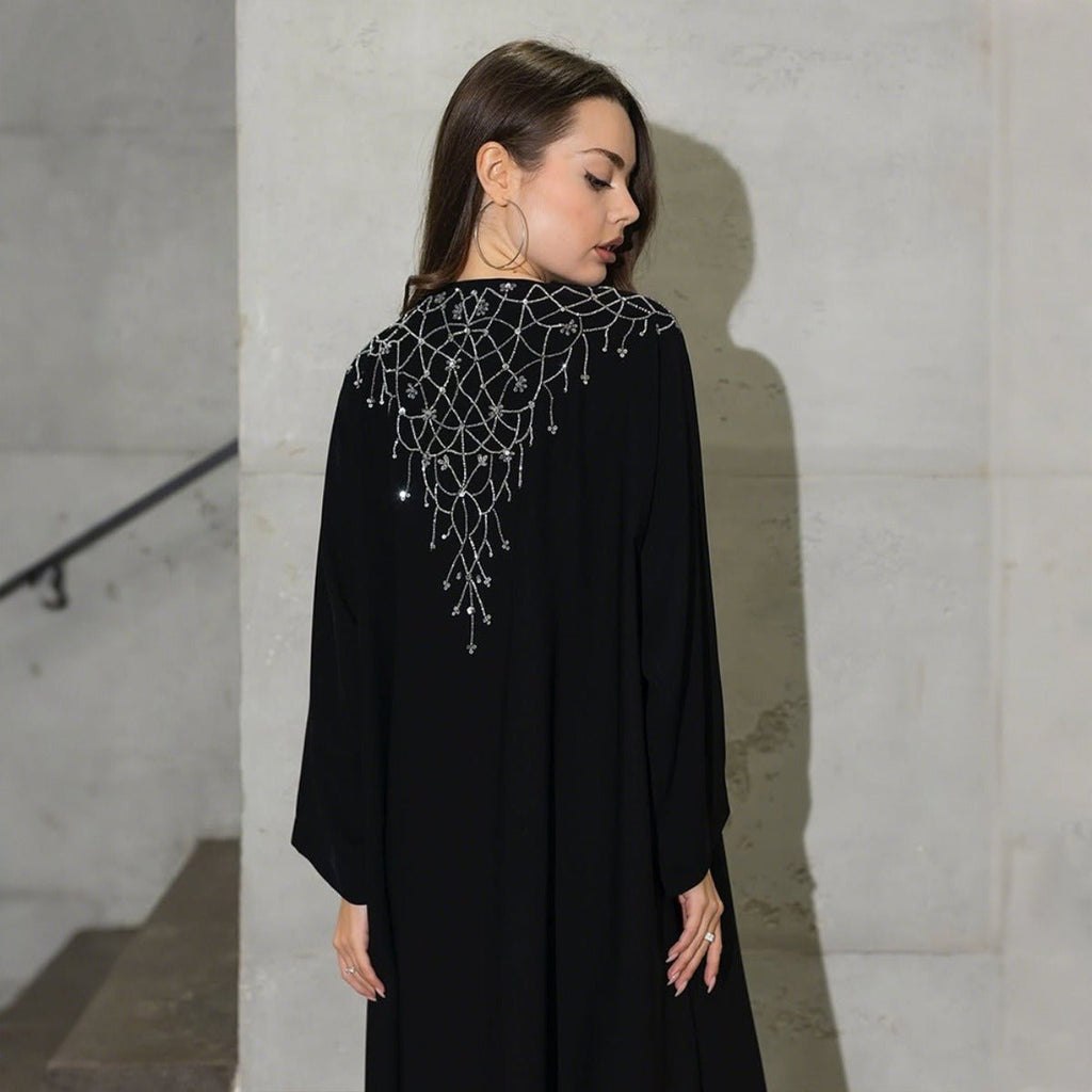 Modest Muslim Loose Fit Black Diamond Embellished V-Neck Abaya Dress(MOA208)
