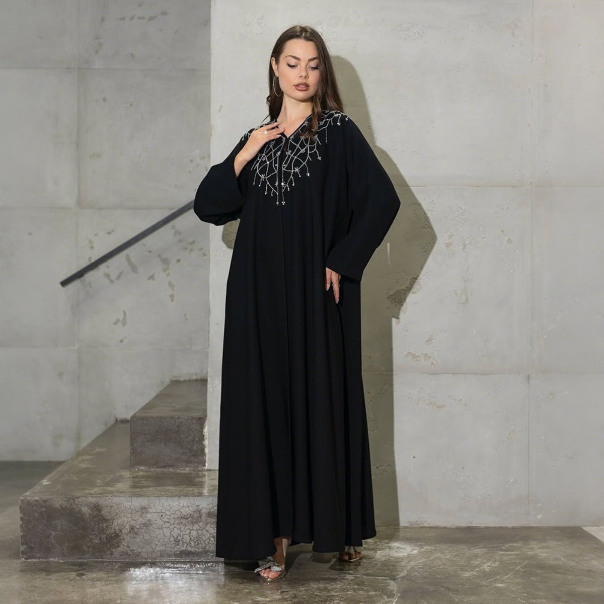 Modest Muslim Loose Fit Black Diamond Embellished V-Neck Abaya Dress(MOA208)