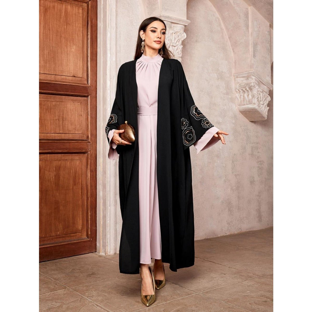 Modest Muslim Luxury Batwing Abaya Set | Black Embroidered Cardigan & Lavender Dress (MOA181)